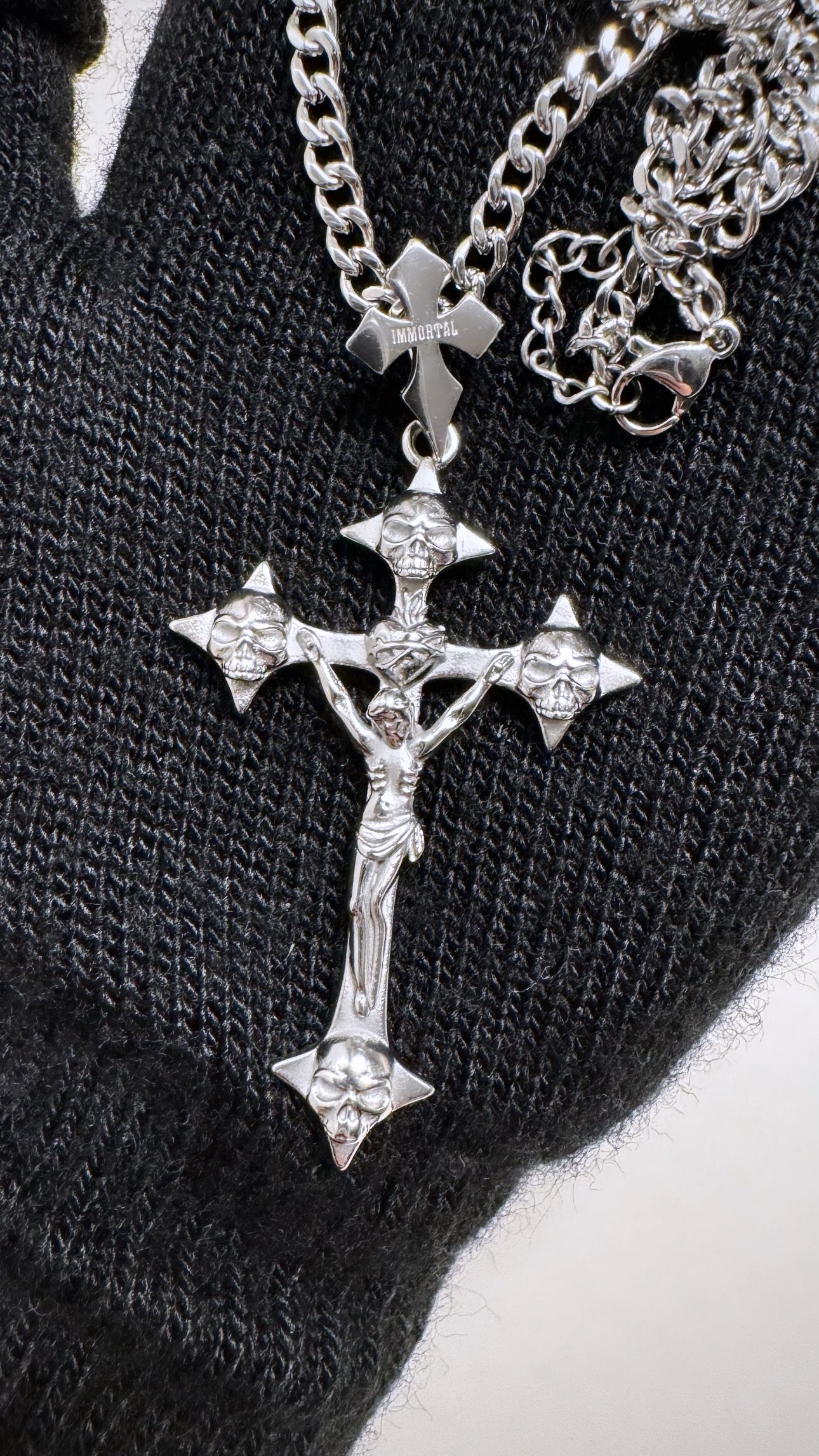 Crucifix pendant with skulls and chain necklace by immortal jewelry